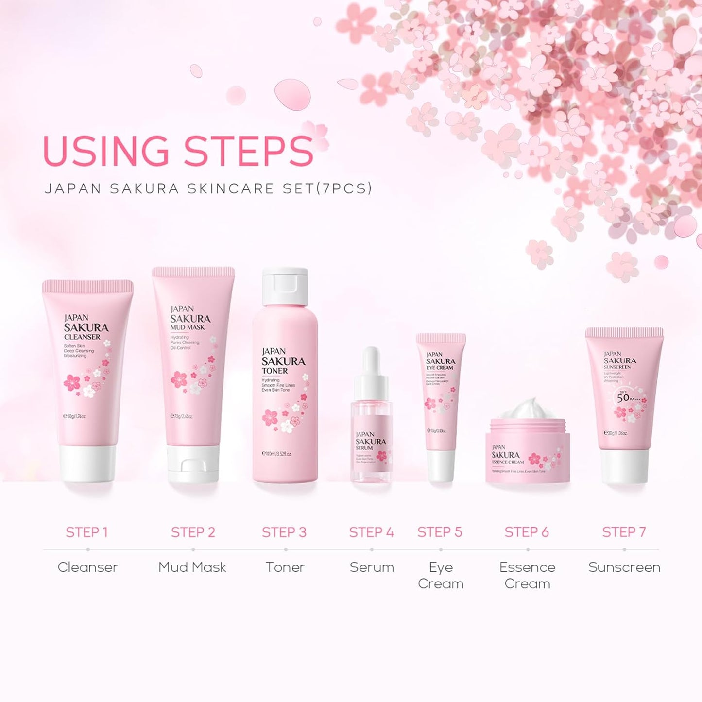 Skin Care Set JAPAN-SAKURA Women Beauty Gift Sets Skin Care Kit, Self-Care Skincare Set: Cleanser,Toner,Serum,Cream,Mud Mask,Eye Cream,Sunscreen, Facial Kit for Women Teen Girls Mom Daughter 7pcs