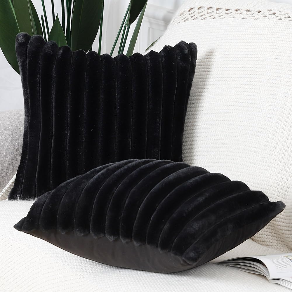 MADIZZ Set of 2 Faux Wool Plush Decorative Throw Pillow Covers 18x18 Inch Black Fluffy Striped Soft Decorative Cushion Cover for Sofa Bedroom Pillow Shell