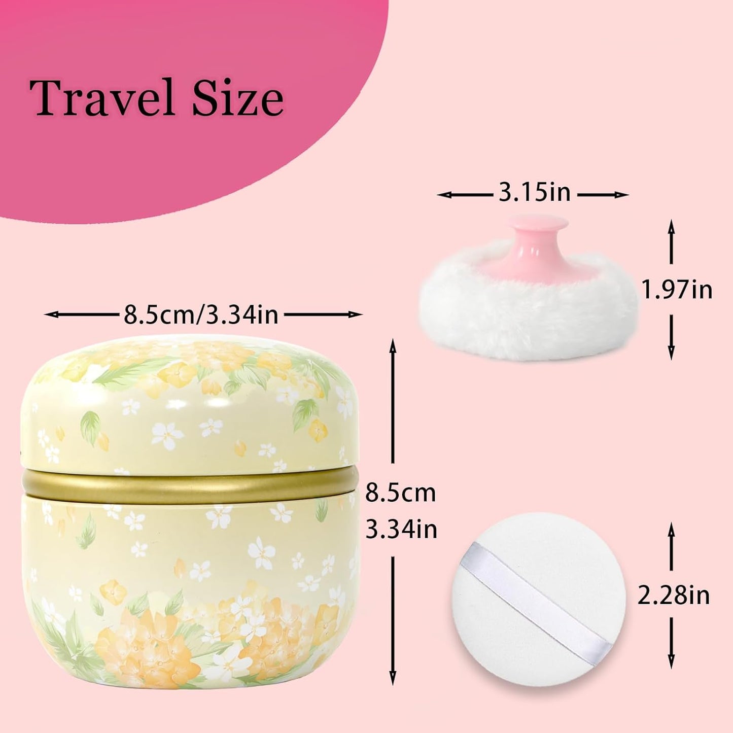 SHIMIDO Body Powder Puff and Container, 3.15" Portable Empty Body Powder Container for Baby Women's Loose Dusting Powder, Powder Case Box with Lids for Bath, Travel and Home Use (Yellow Flower)