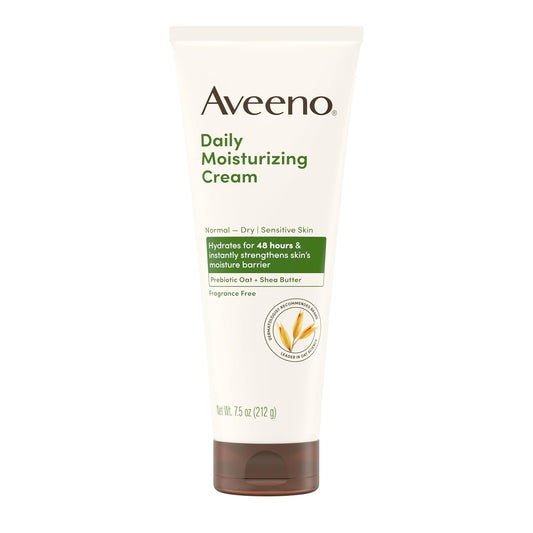 Aveeno Daily Moisturizing Cream with Prebiotic Oat & Shea Butter, Body, Face & Hand Cream for Normal to Dry, Sensitive Skin Hydrates for 48 Hours, Fragrance Free & Non-Comedogenic, 7.5 oz