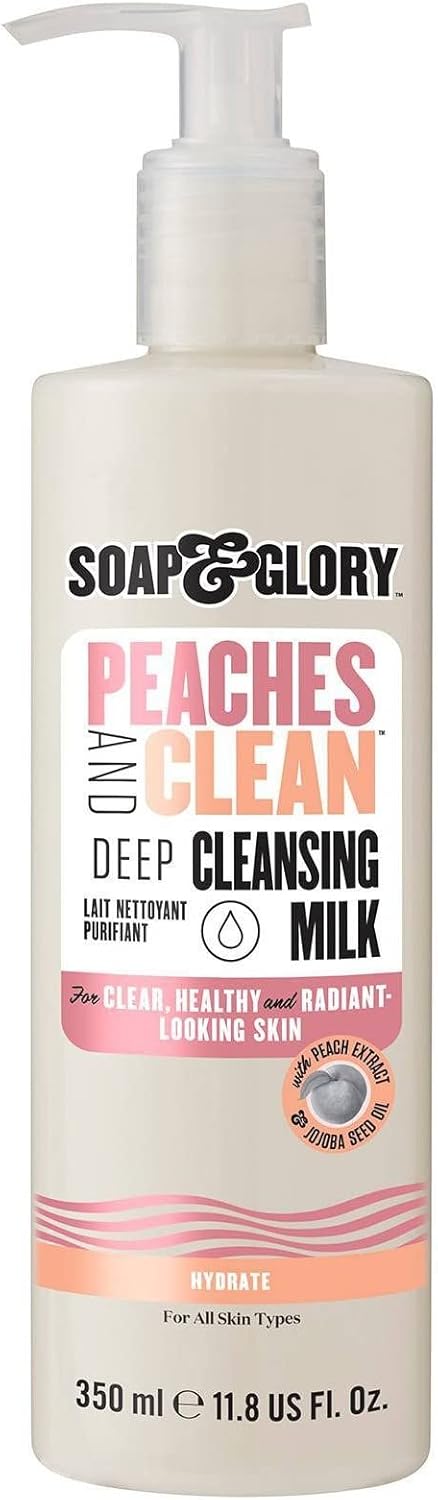 Soap & Glory Peaches & Clean Deep Cleansing Milk - 4 in 1 Milk Cleanser & Makeup Remover with Peach Extract, Ginseng & Jojoba Oil - Hydrating Facial Cleanser for Clarified & Energized Skin (350ml)