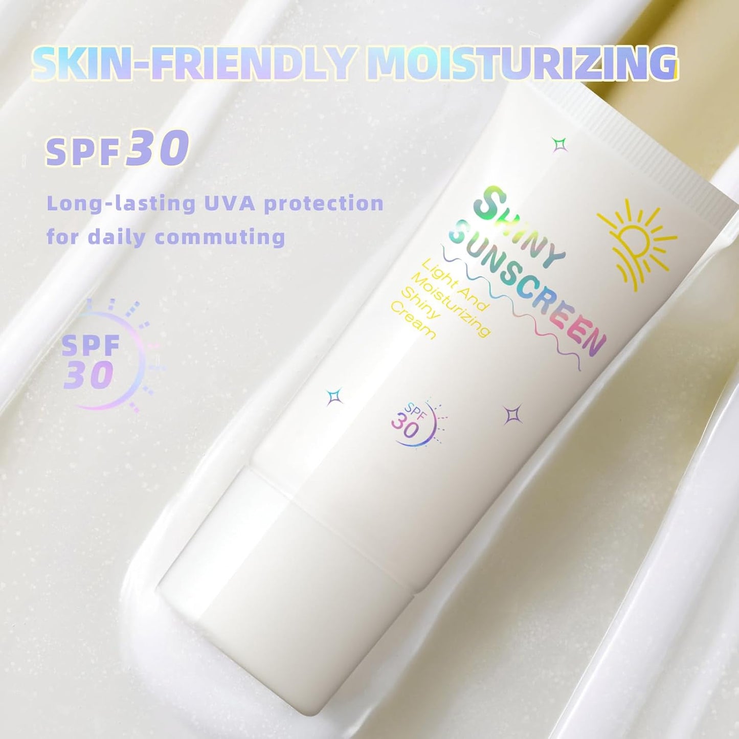 Shimmer Face Primer with Sunscreen, SPF 30, Highlighting Fine Glitter Brightening + Sun Protection, Moisturizing Sunscreen, Natural & Refreshing, Oil-Controlling,Non-Greasy Isolation Primer