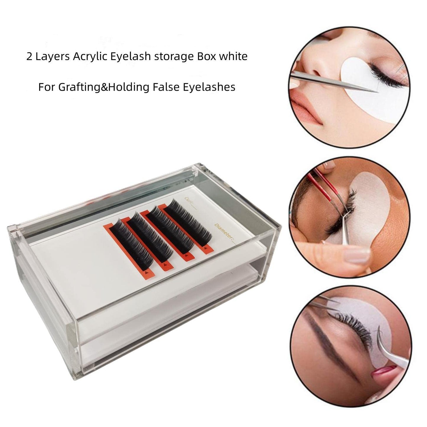 Two Layers Eyelash Grafting Pallet with Cover, Dust-proof Acrylic Lash Tile holder, Eyelash Extensions Storage Gasket Pads 2 Tiers for Beginners Beauty Artist Salon (White)