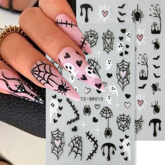 4sheets Halloween Nail Stickers 3D Self-Adhesive Ghost Nail Art Stickers - Black Spider Bat Decals with Heart Spider Web Blood Droplets Design for Women DIY Holiday Nail Decoration