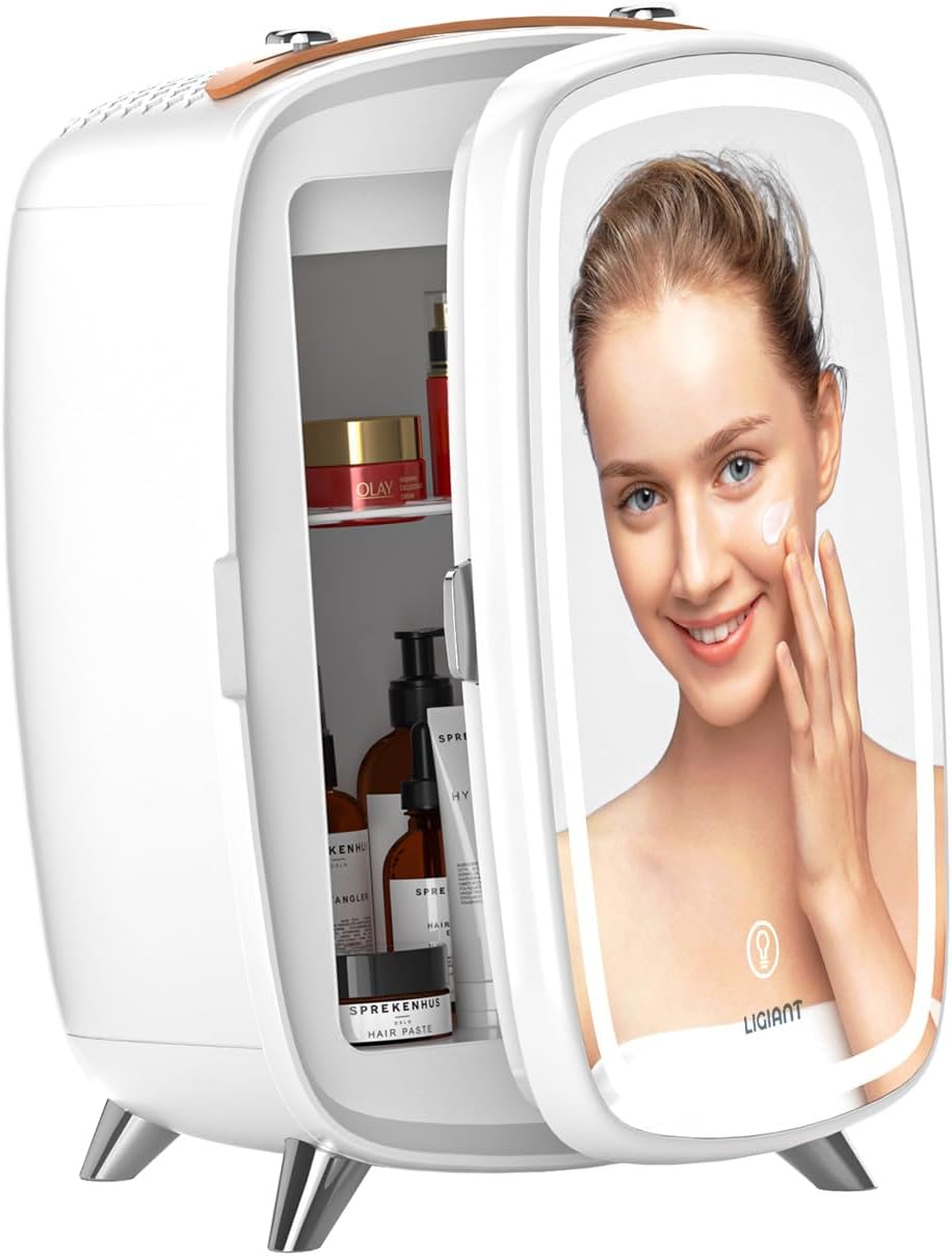 Skincare Fridge, With 3-Level Dimmable LED Light Mirror, Low Noise Beauty Fridge, 6L Large Capacity, Semiconductor Cooling, Portable Design for Multiple Uses - Bedroom, Office, and Travel