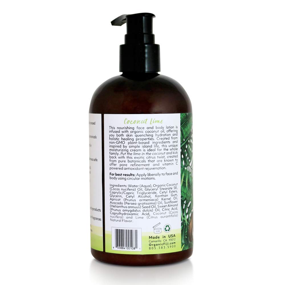Coco Fiji Face & Body Lotion Infused With Coconut Oil | Lotion for Dry Skin | Moisturizer Face Cream & Massage Lotion for Women & Men |Coconut Lime 12 oz, Pack of 1