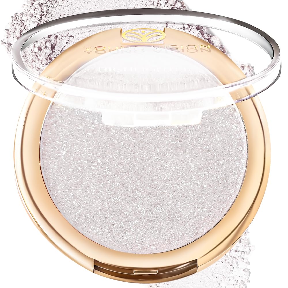 YOUNG VISION Pressed Powder Highlighter, Baked Natural Glow Contour Powder & Face Highlighter, Cruelty Free, Shimmer Highlighting Makeup for Face, Eye, Eyeshadow, Body, Skin (Silver)