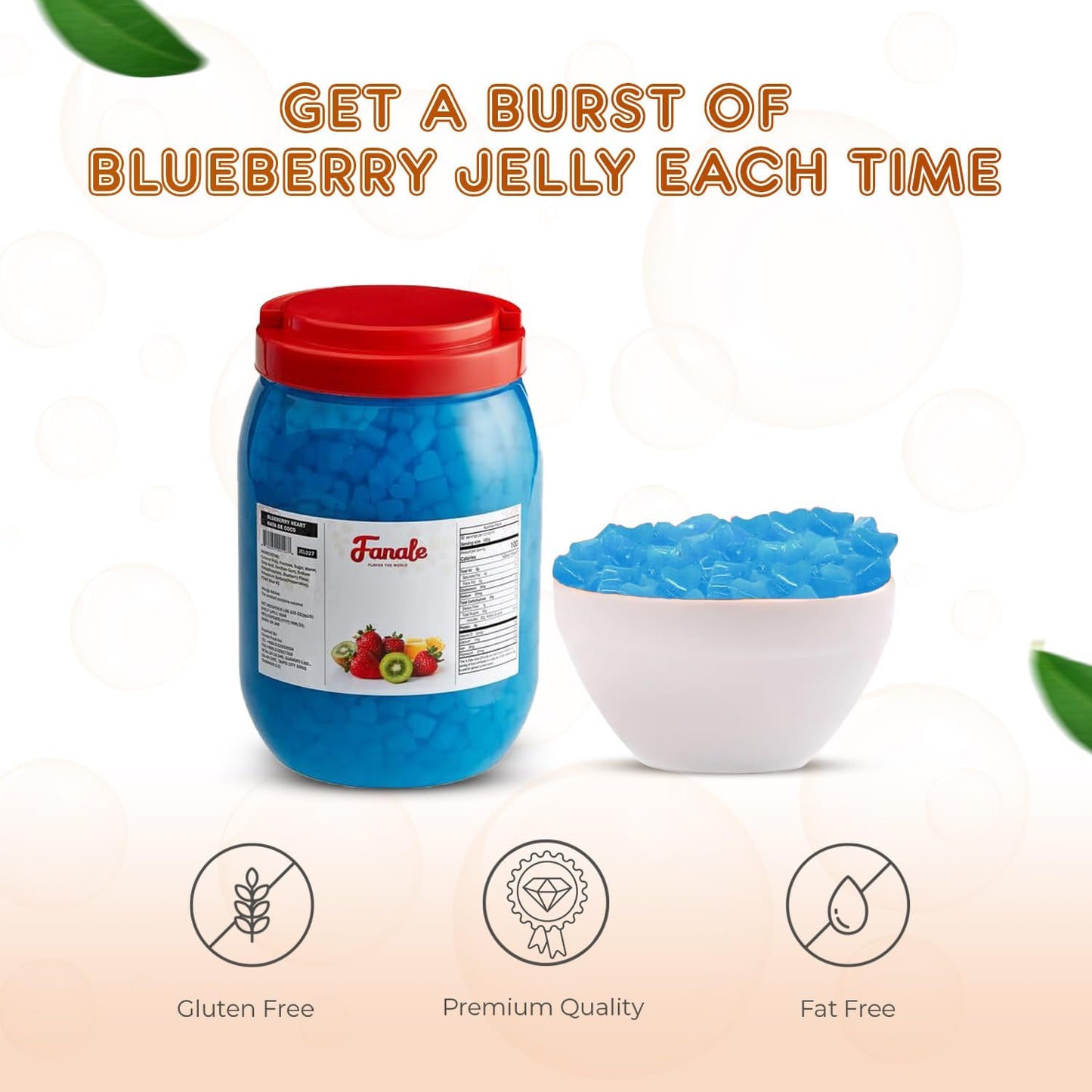 New Fanale Coconut Jelly Topping nata de coco for Boba Tea | Ice Cream | Yogurt | Smoothie | Milk Tea | Desserts (Blueberry Heart Shaped, 6.6 lb)