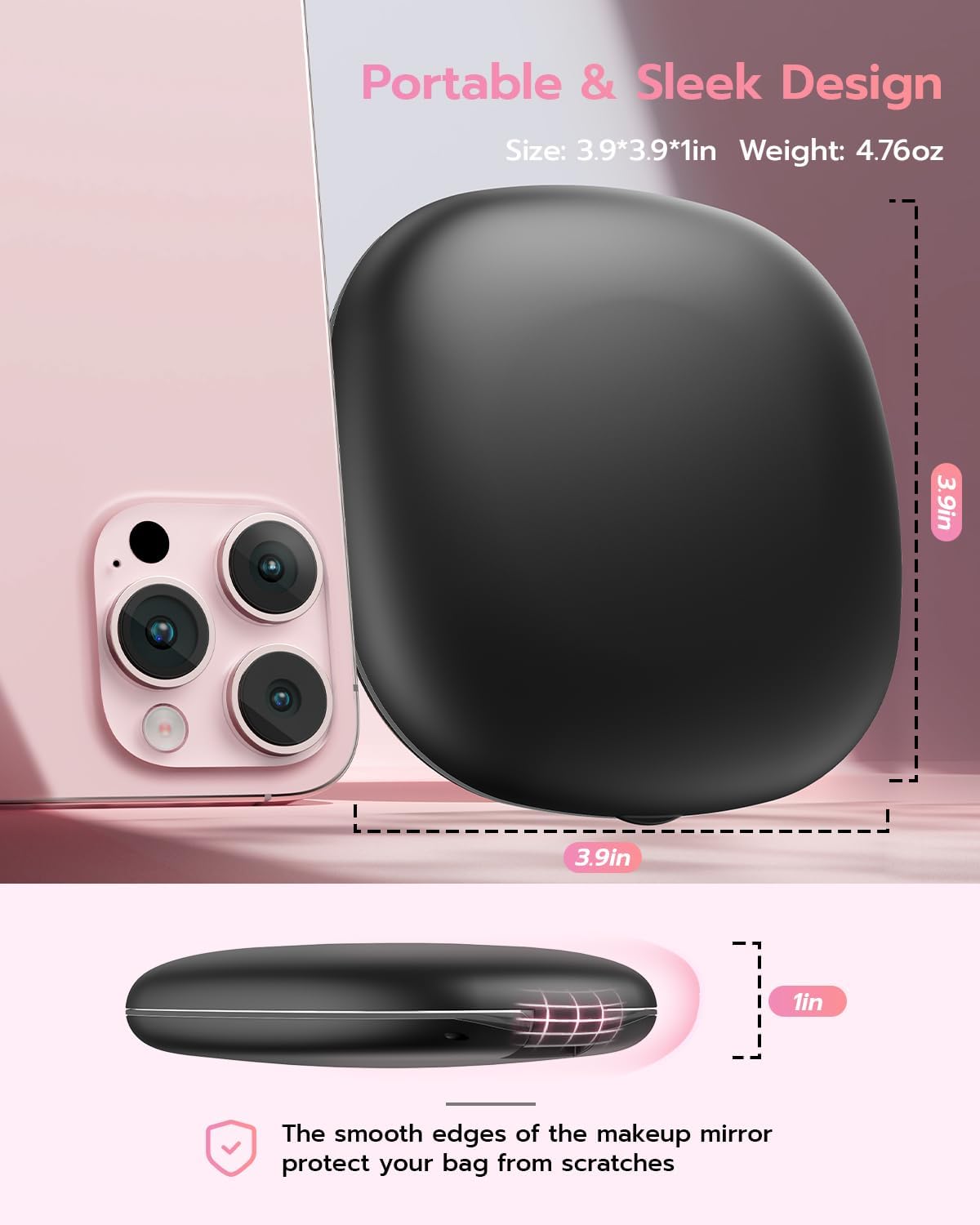 Benbilry 3.9" Rechargeable Compact Makeup Mirror with 3 Light Colors and Magnification 1X / 10X, Double Light Strip Dimmable Small LED Travel Mirror for Purse, Black