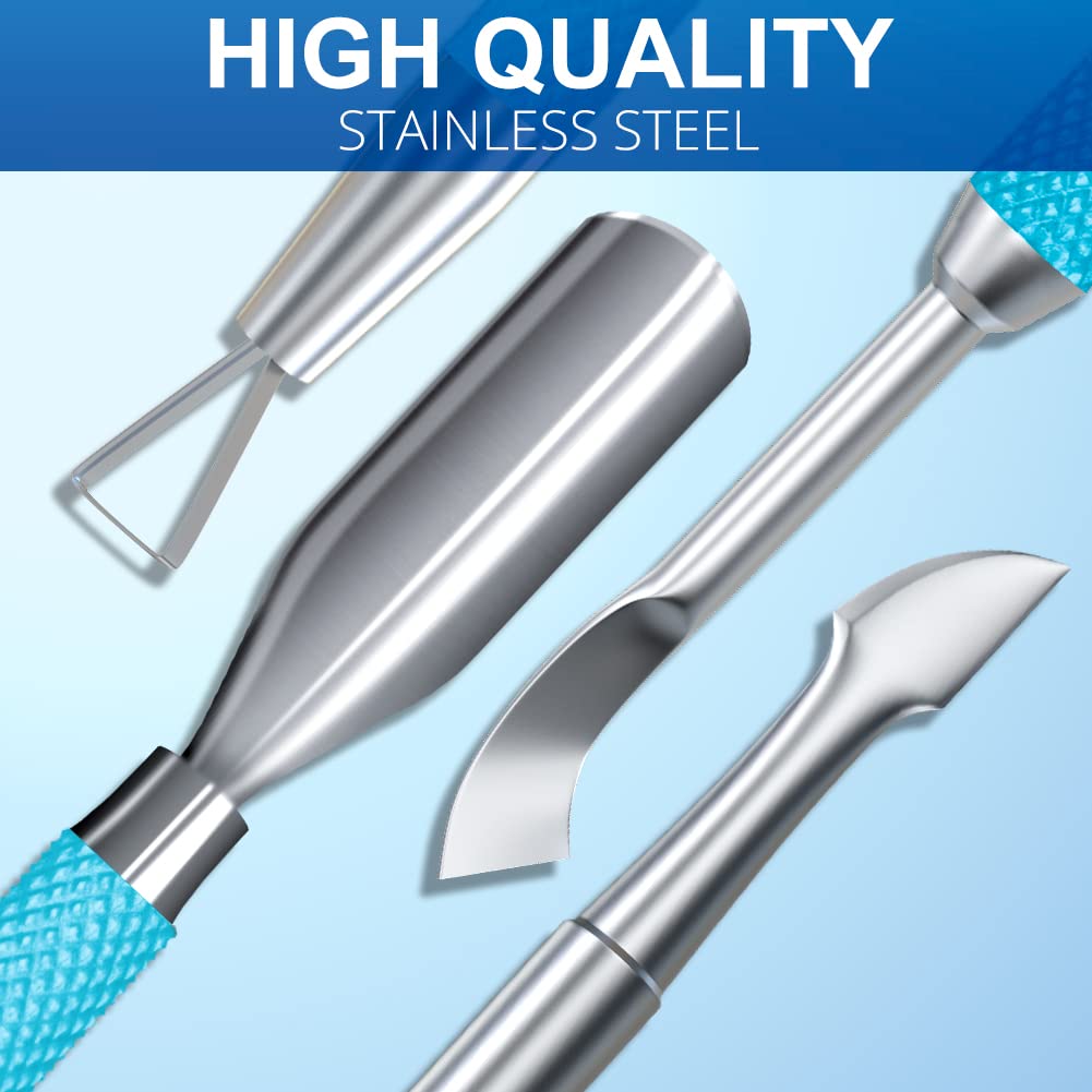 2PCS MetalTurquoise/Lake Blue Cuticle Pusher and Cutter Remover Salon Quality Stainless Steel Gel Nail Polish Peeler Scraper Durable Manicure and Pedicure Cleaner Tool For Fingernail and Toenail