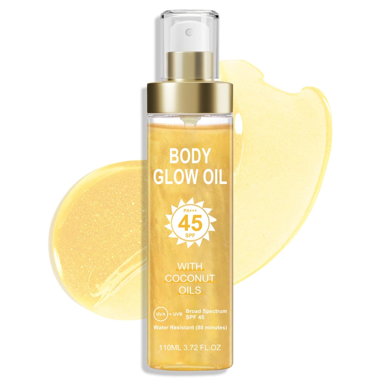 Body Glow Oil, Sunscreen Shimmer Oil, SPF 45 Broad Spectrum, Body Oil with with Coconut Oils, Moisturizing Glow for Face & Body, Liquid Illuminator Highlighter, Water Resistant, 3.72 fl oz (#1 GOLD)