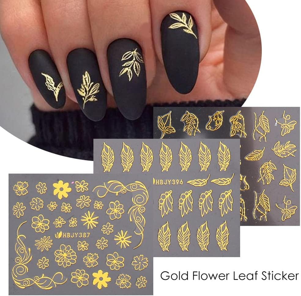 Flowers Nail Art Stickers Decal 3D Self-Adhesive Gold Flower Leaf Lace Nail Supplies Flower Nail Stickers Geometry Line Nail Designs for Women Girls Nail Art Decorations(Gold)