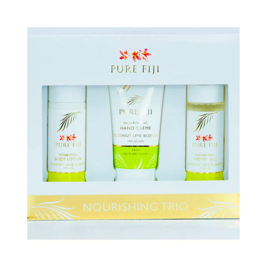 Pure Fiji Nourishing Trio, Ideal Spa Bath Gift Set for Women - Travel Kit - Includes Exotic Body Oil , Hydrating Body Lotion For Women and Nourishing Hand Cream, Coconut Lime Blossom Scent