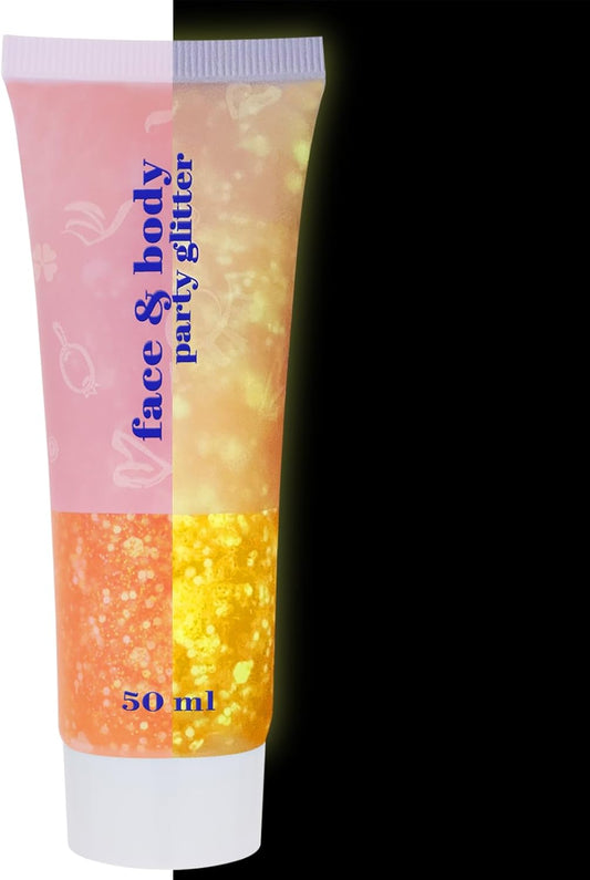 MEICOLY Neon Orange Body Glitter Gel,UV Blacklight Chunky Face Glitter Gel,Glow in The Dark Glitter Paint,Singer Concert Music Festival Party Rave Accessories,Halloween Glitter Makeup for Women,50ml