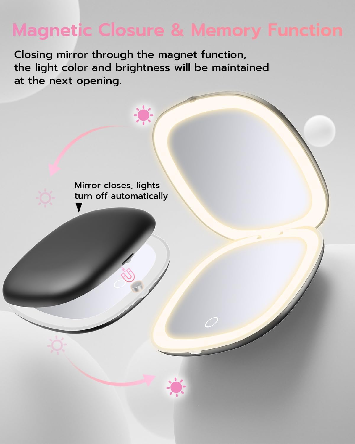 Benbilry 3.9" Rechargeable Compact Makeup Mirror with 3 Light Colors and Magnification 1X / 10X, Double Light Strip Dimmable Small LED Travel Mirror for Purse, Black