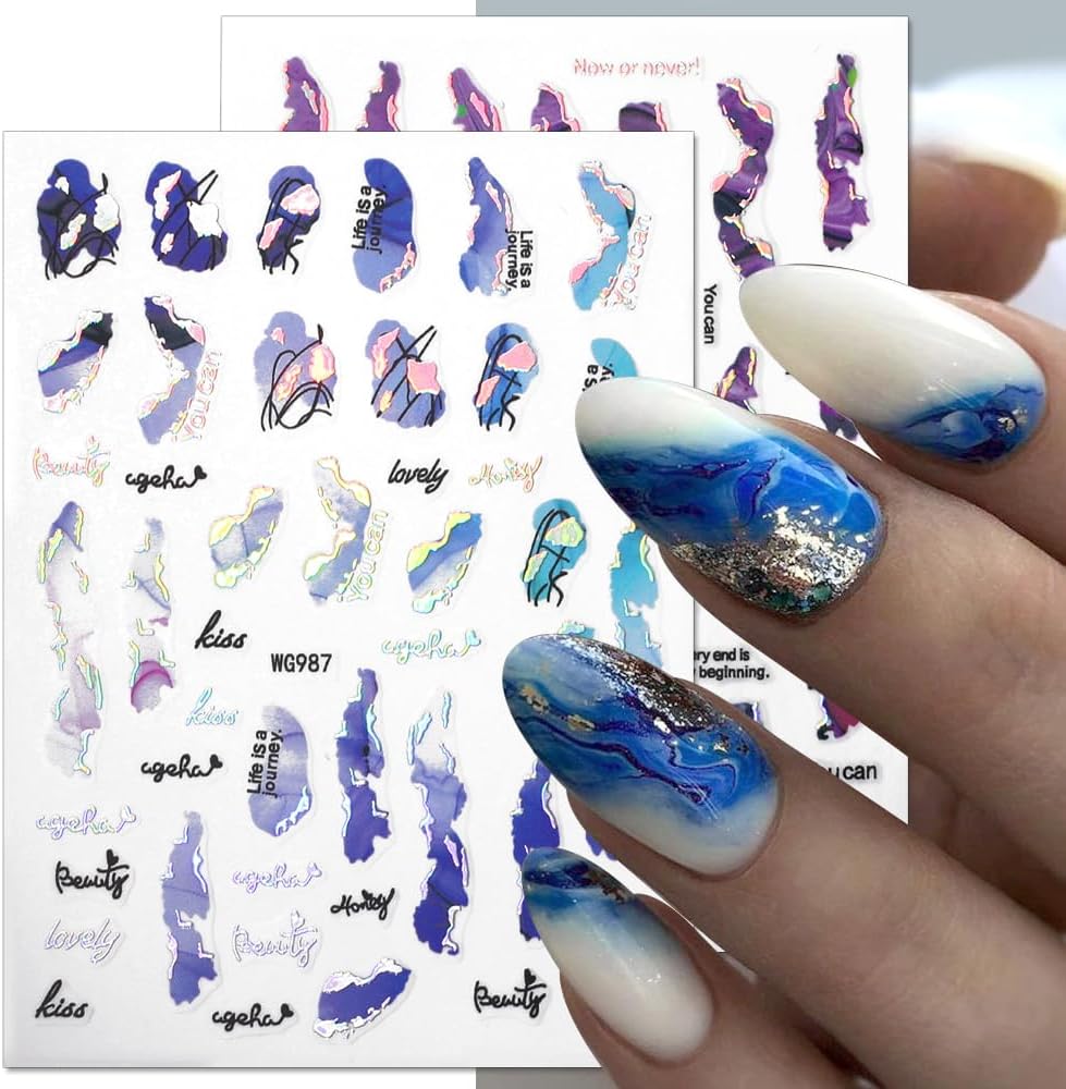 6 Color Marble Nail Art Stickers - Women's 3D Bronzing Silver & Watercolor Blooming Decals - Self Adhesive Foil Nail Designs