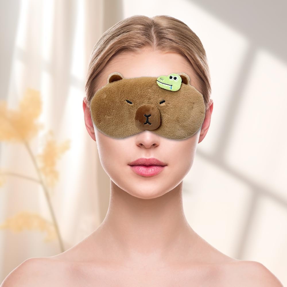 PERFECTSIGHT Cute Plush Eye Mask, Lightweight Adjustable Eyeshade, Faux Fur Cover for Women Men Sleep Travel Nap (Capybara)