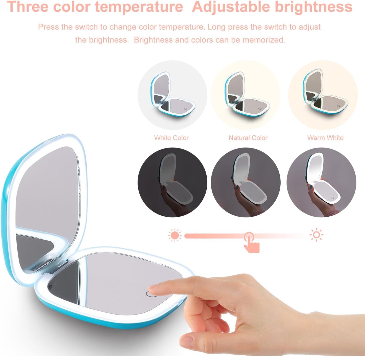 Mocado Compact LED Travel Makeup Mirror - 4 Inches 1X/10X Magnification Travel Mirror with Light Dimmable Double Sides Lighted USB Rechargeable Compact Mirror for Purse,Pocket,Travel(Blue)