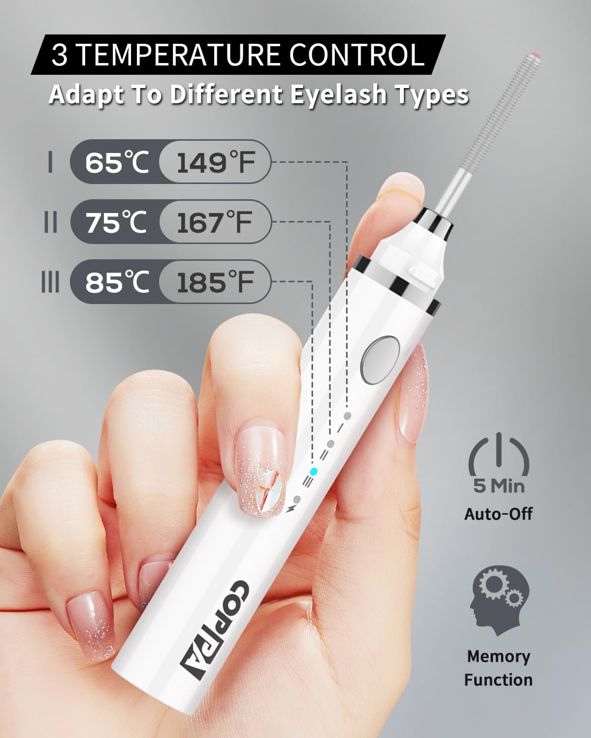 COPPA Electric Lash Curler, LP-1 Lipstick Type 3-in-1 Heated Eyelash Curler with 3 Brush Heads 3 Curling Modes and 3 Temp & 5s Quick Heat-up, Perfect for Beginners and Makeup Pros, White