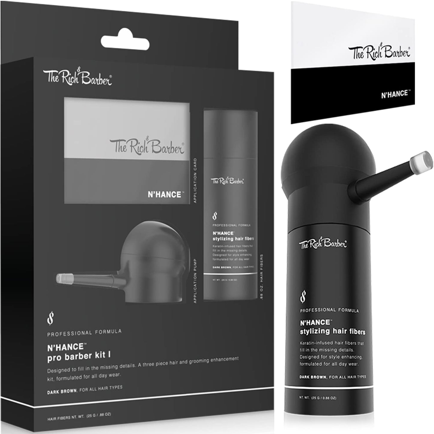 The Rich Barber N'Hance Pro Barber Kit I - Professional 3-in-1 Hair & Beard Styling Set - Keratin-Infused Hair Building Fibers, Applicator Pump, Application Card - Hairline Enhancer & Volumizing Spray