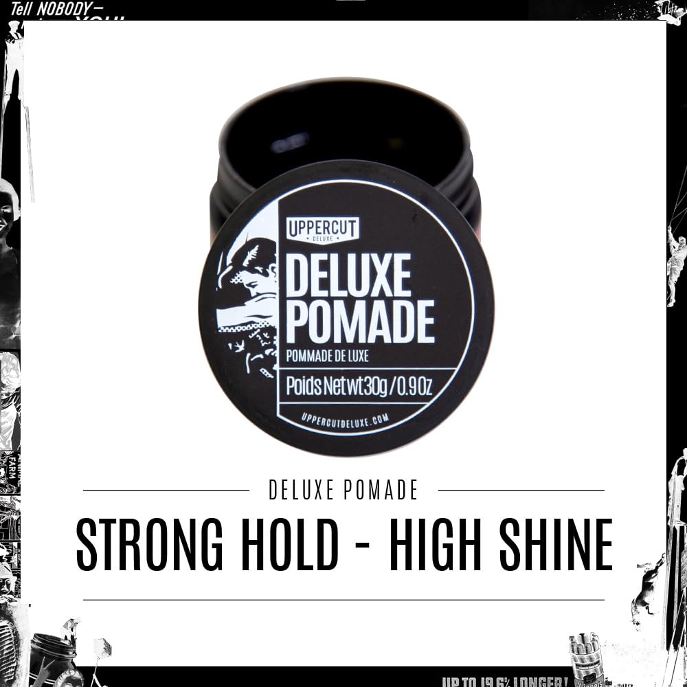 UPPERCUT DELUXE Deluxe Pomade, 0.9 oz / 30g - Strong Hold, High Shine Hair Pomade – Water-Based, Easy Washout – Classic Barber Styling for Slick Backs, Side Parts & Pompadours