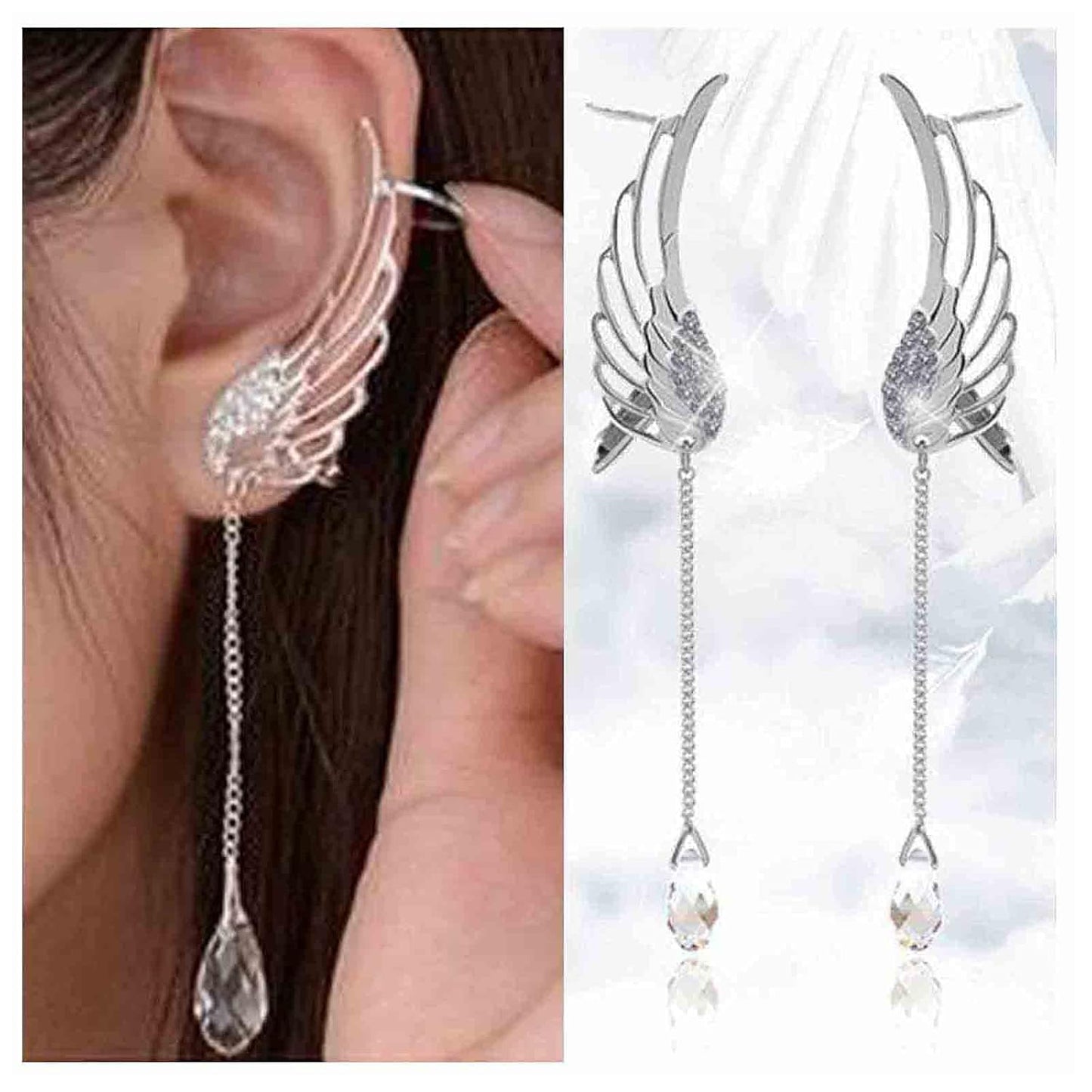 Boho Rhinestone Wing Ear Climbers Earrings Silver Crystal Drop Earring Chain Dangle Earrings Angel Wing Wrap Earrings Jewelry for Women and Girls Gifts