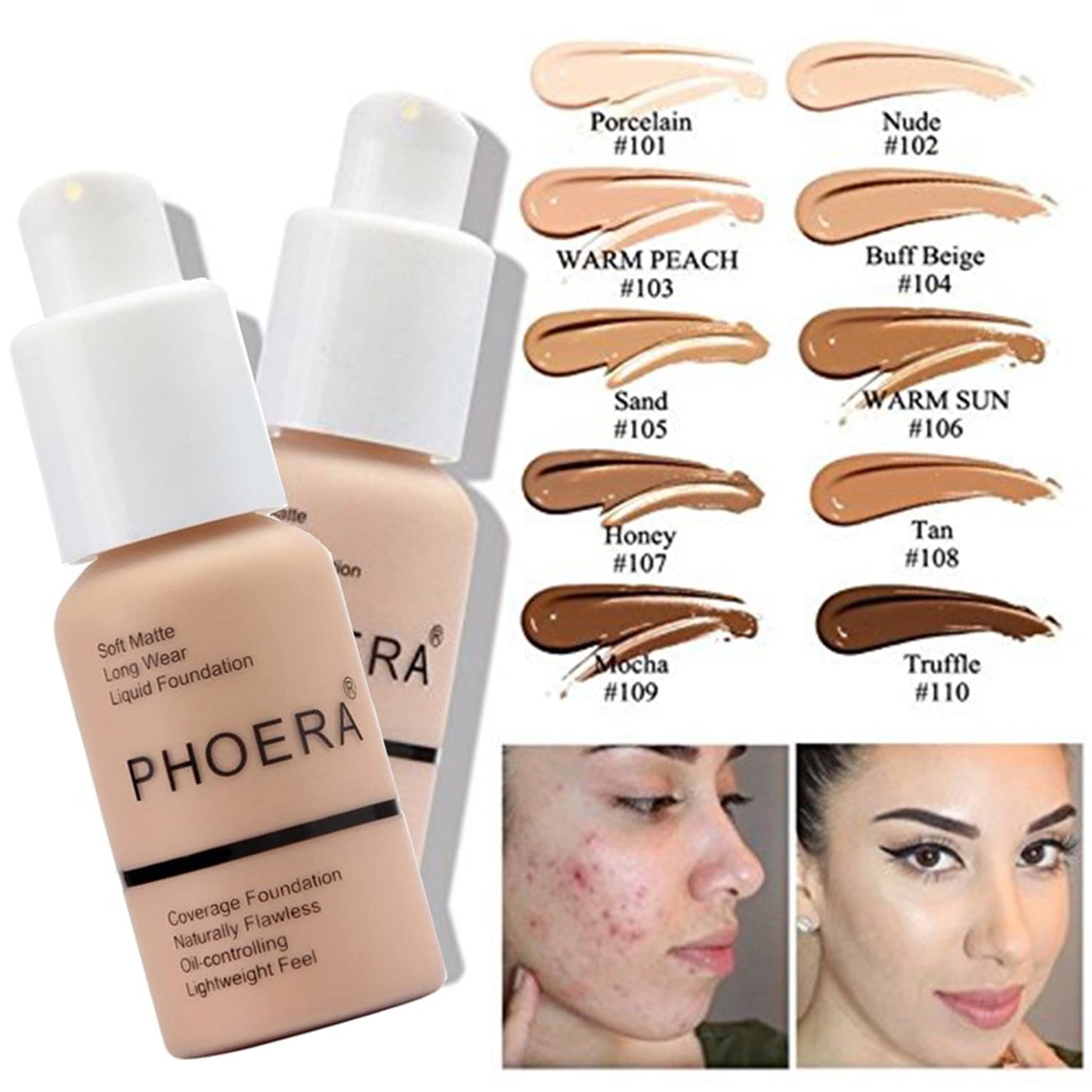 PHOERA Foundation Full Coverage,PHOERA Concealer Lightweight Full Coverage,PHOERA Makeup Long Lasting Wrinkles Matte Natural Finish for a Flawless Complexion(103 Warm peach+103#BEIGE)
