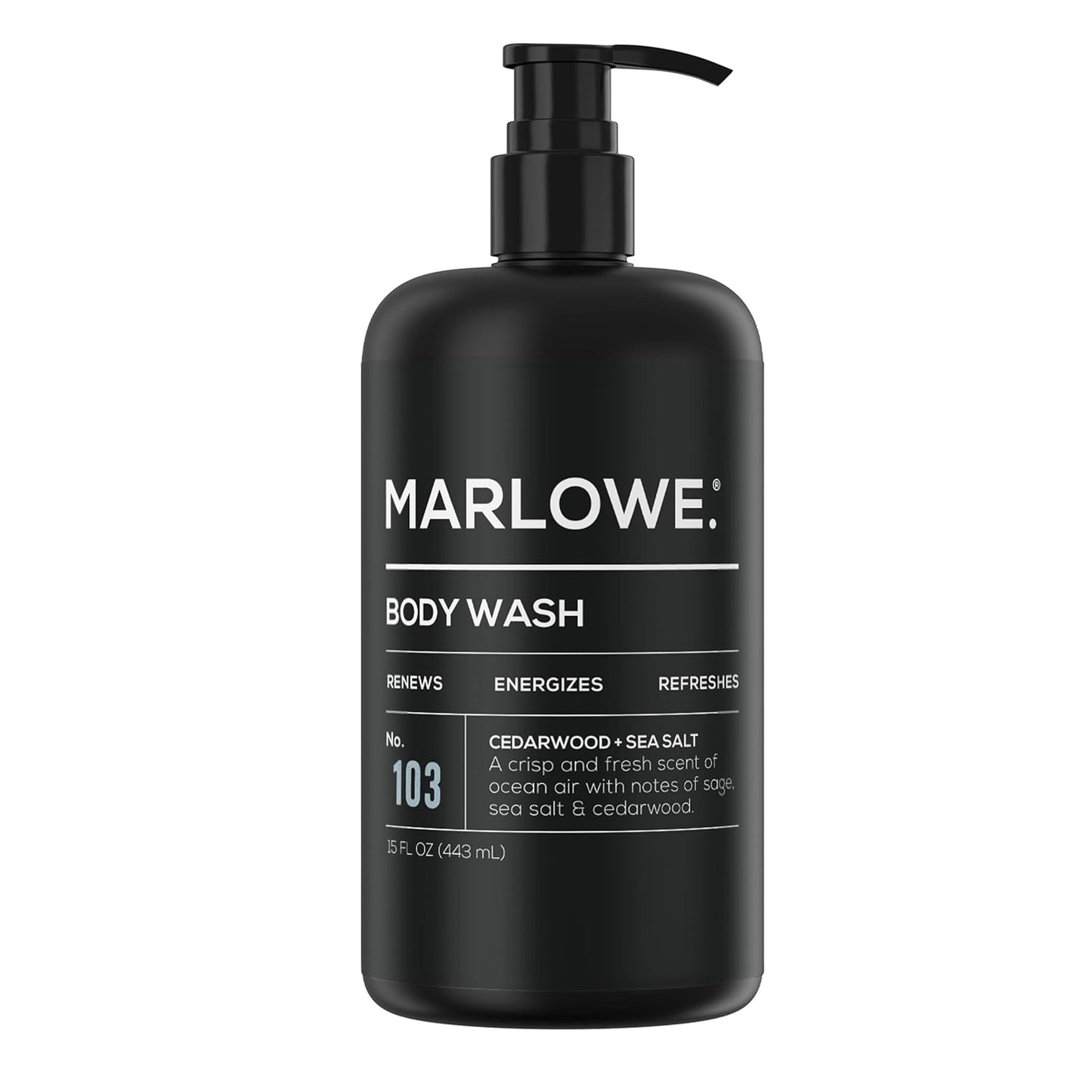 MARLOWE. No. 103 Body Wash 15 oz Pump, Cedarwood + Sea Salt, Energizing & Refreshing Shower Gel, Willow Bark & Green Tea Extracts, Cleanses, Moisturizes, Smooths & Nourishes, Fresh & Zesty Scent