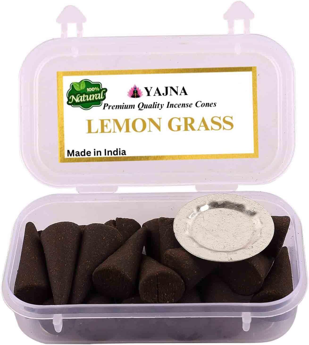 Yajna Lemon Gras 100%-Natural-Incense-Cones Handmade-Hand-Dipped Organic-Chemicals-Free for-Purification-Relaxation-Positivity-Yoga-Meditation The-Best-scents (60 Count)