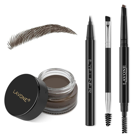LAVONE Eyebrow Stamp Pencil Kit for Eyebrows, Makeup Brow Stamp Trio Kit with Waterproof Eyebrow Pencil, Eyeliner, Eyebrow Pomade, and Dual-ended Eyebrow Brush - Medium Brown