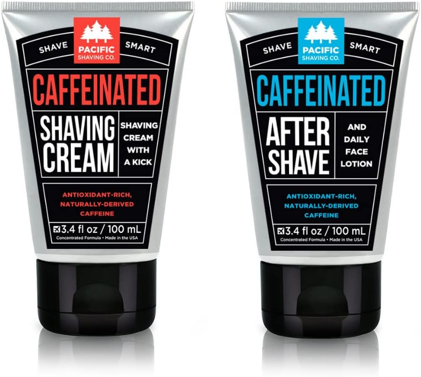 Pacific Shaving Company Caffeinated Shaving Cream & Aftershave Set - Shave Kit for Men - Antioxidant + Caffeine Enriched Shave Cream + Aftershave Lotion (3.4 Oz, 2 Pack)