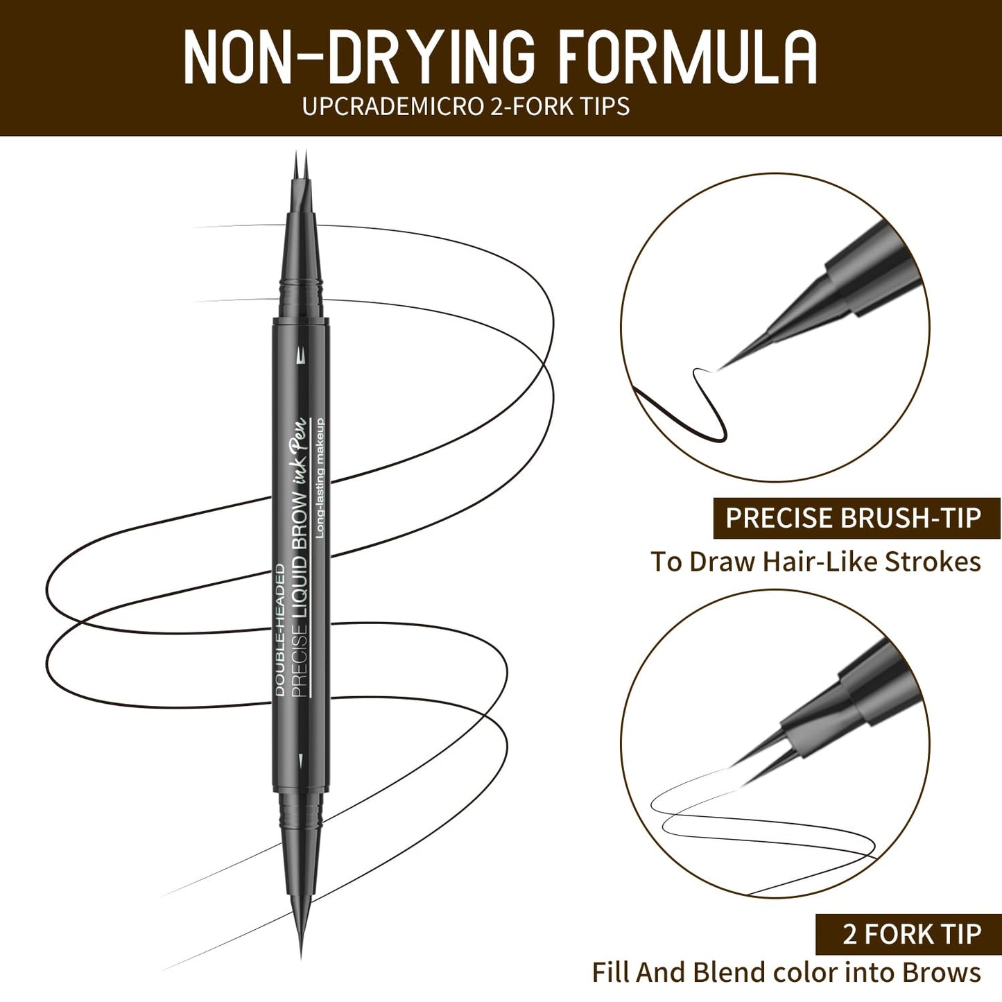 Eyebrow Pencil, Eyebrow Pen with Double-Brush Tip 2-in-1 Eyeliner Dual-Ended Microblading Long Lasting Waterproof Hair-Like Brow Pencil with Eyebrow Brush (Dark brown)