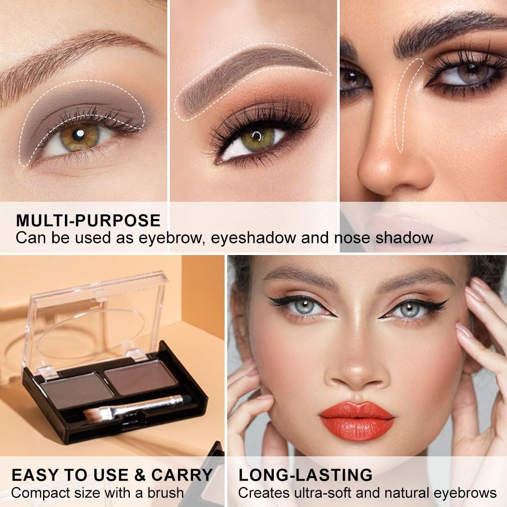 Eyebrow Powder Medium Brown Kit,Eye Brow Powder for Women with Double-ended Eyebrow Brush,Long-Lasting Waterproof Two Colors Brow Filler Get Full Defined Natural Brows,Brown Eyebrow Powder Makeup