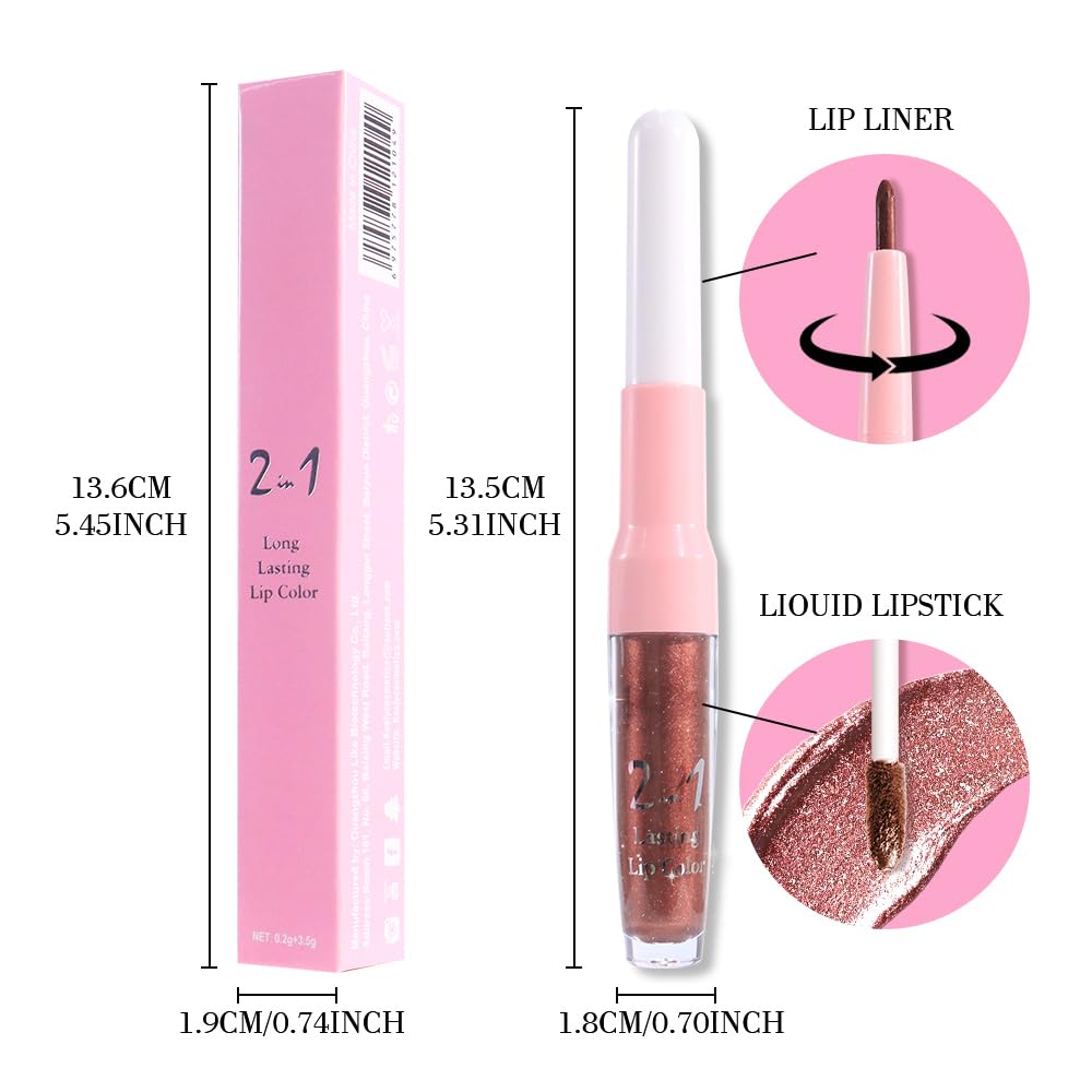 evpct Brown Bronze Metallic Glitter Lip Liner and Lipstick Combo Lip Gloss Stain Set Makeup for Women Long Lasting Waterproof 24, Hot Chocolate Metallic Shimmer Frosted Iridescent Liquid Lipstick 08