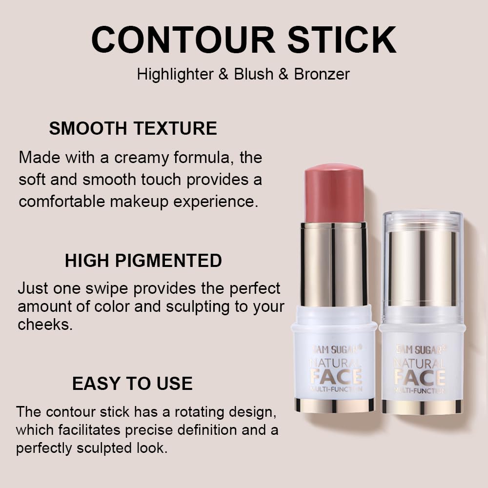 Contour Stick Makeup Kit,3Pcs Bronzer Blush Highlighter Stick Set for Create a Glowing Flawless Look,Non-Greasy Matte Finish Face Stick Trio,Longwear Formula, Include Brush - Medium (#02,05,08)