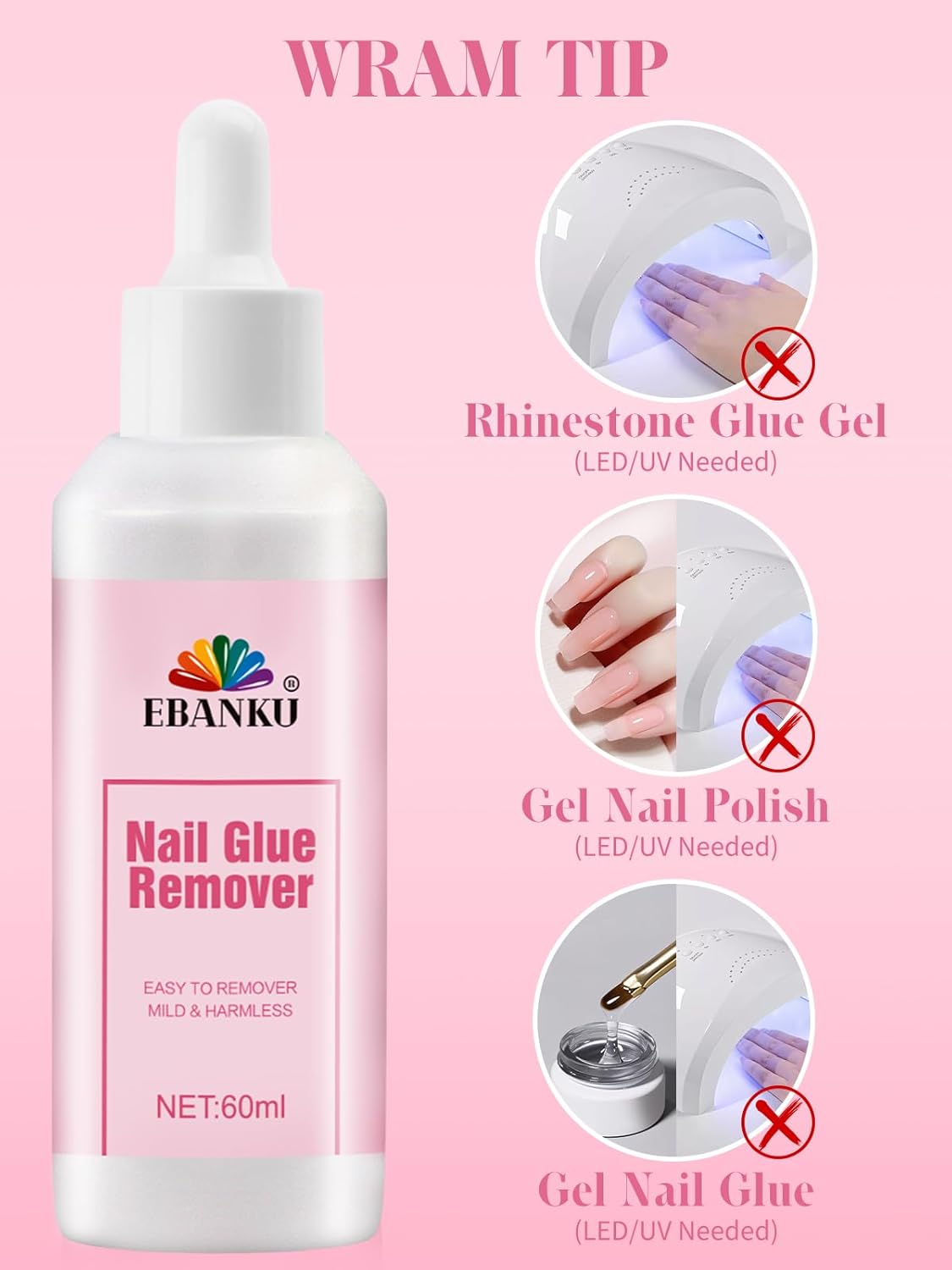 EBANKU 60ML Nail Glue Remover, Press On Nail Remover Quick Easy Removal, False Nails Adhesive Debonder with Cuticle Pusher, Non-Acetone Gentle Off for False Tips