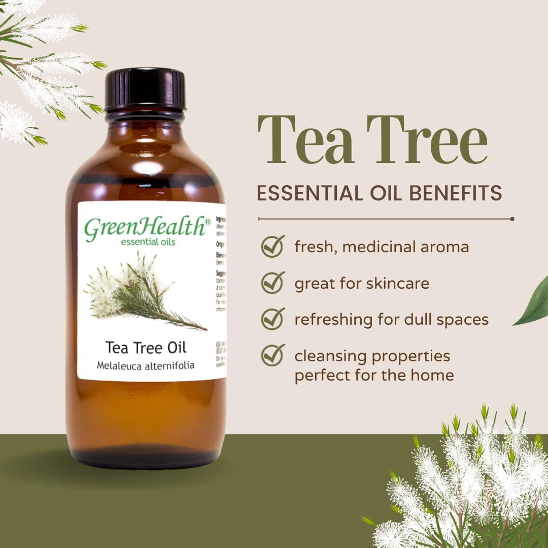 Tea Tree Essential Oil – 16 fl oz (473 ml) – 100% Pure & Undiluted – Steam-Distilled Melaleuca – Amber Glass Bottle – Natural Cleaning, Diffuser, and DIY Use – GreenHealth