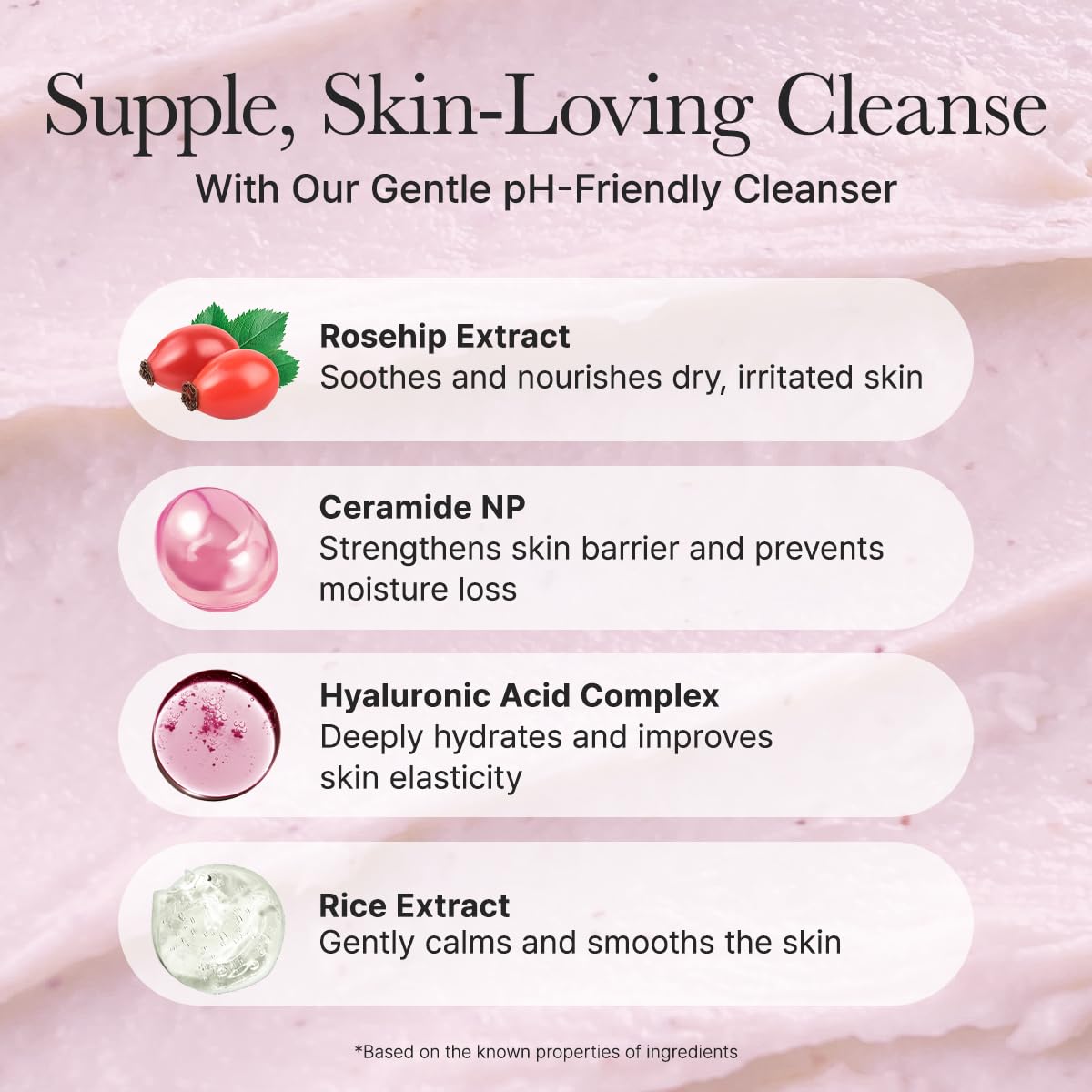 Rosehip Rice Cake Cleanser, pH Balancing Face Wash with Ceramide for Sensitive Skin, 5.29 oz