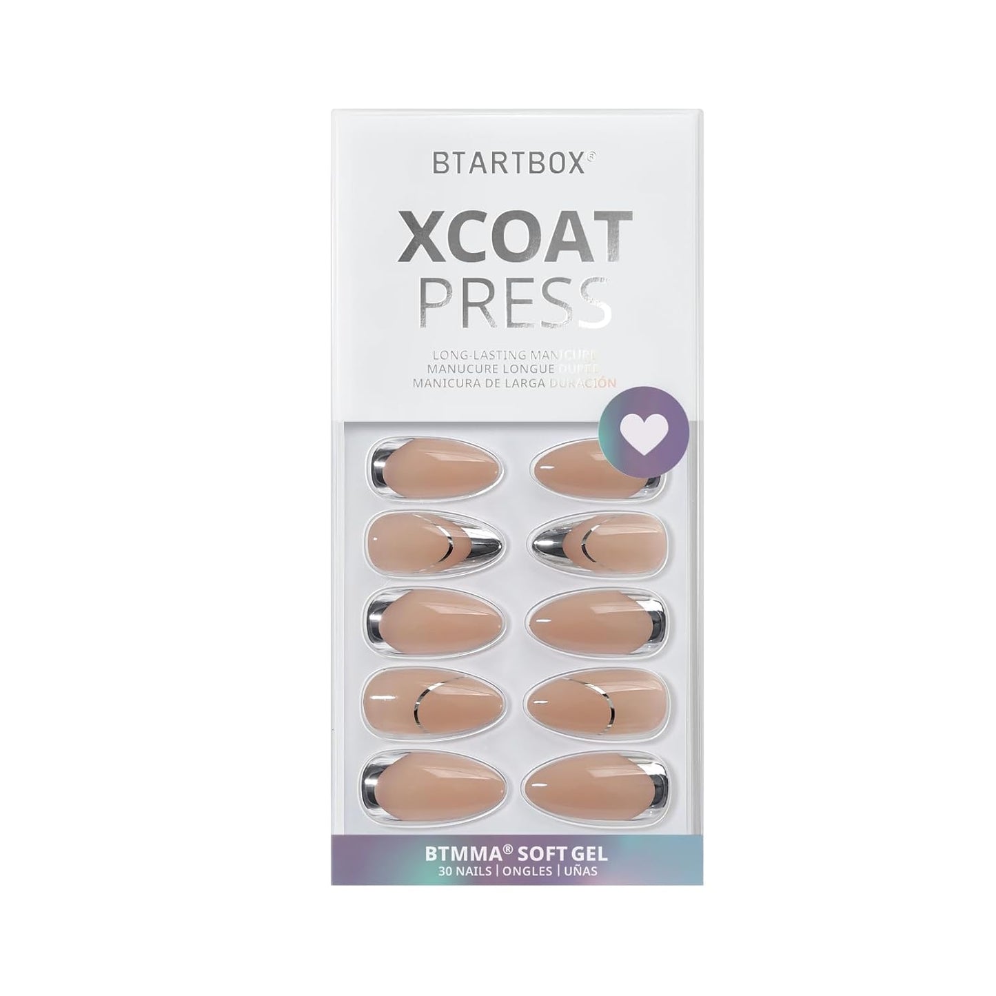 BTArtbox Press On Nails Almond - French Tip Press on nails, Medium Glue On Nails with Nail Glue, Silver Stick On Nails in 16 Sizes - 30 Fake Nails Kit, Zoomers