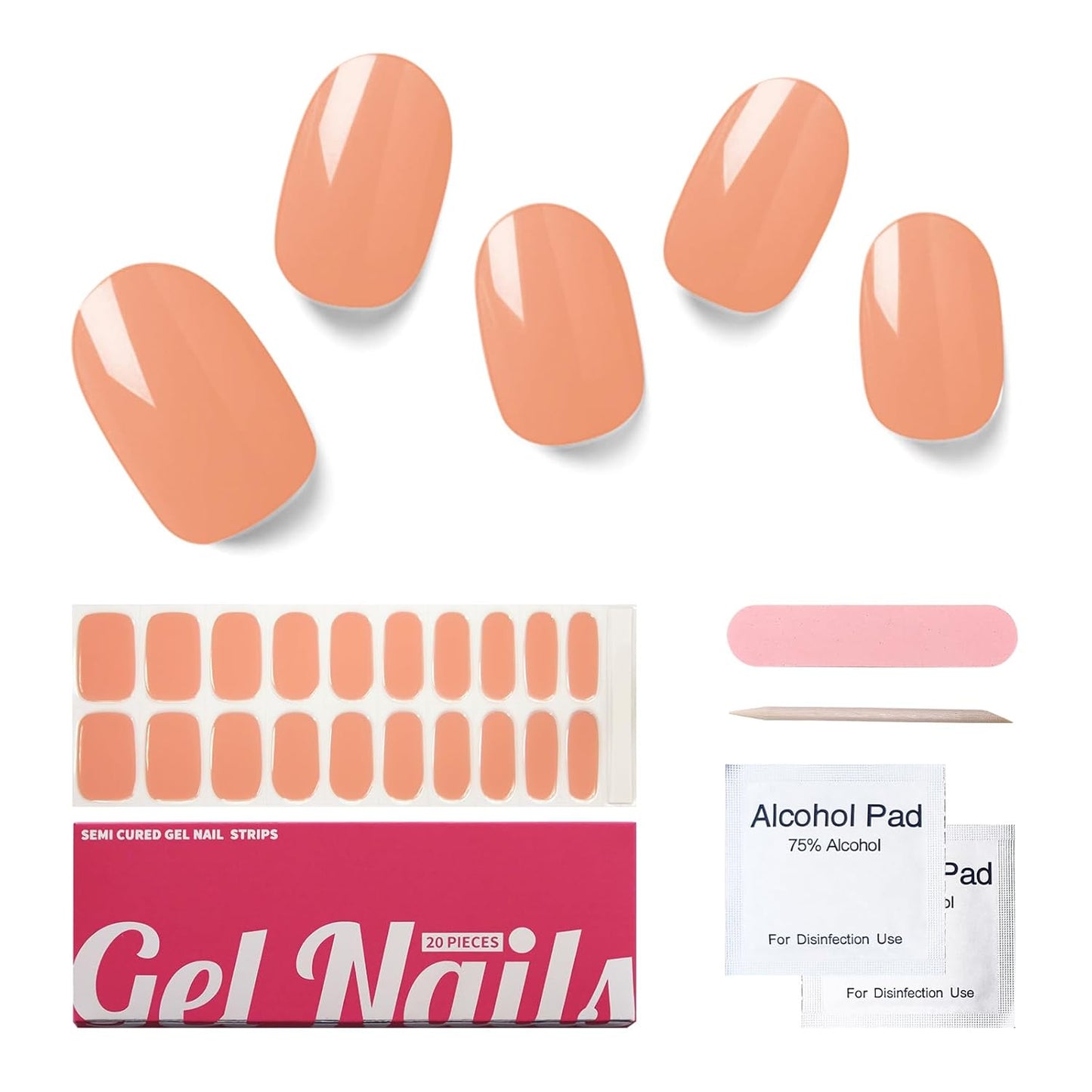 Semi Cured Gel Nail Strips, 20 PCS Gel Nail Stickers Work with UV Light, Salon Quality & Easy to Use - Light Nude