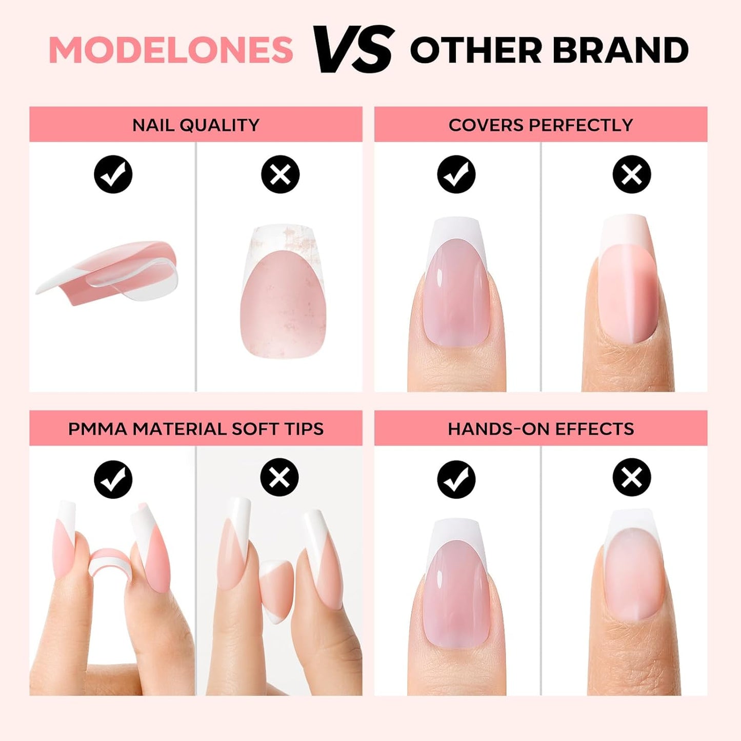 modelones French Tip Press on Nails, 150Pcs Short Coffin Fake Nails with Nail Box, Pink & White Gel Nail Tips for Women, Soft Glue-On Nails for Natural Salon Look, DIY Nail Art Kit (15 Sizes)