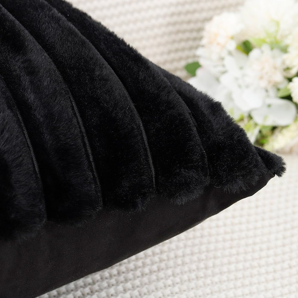 MADIZZ Set of 2 Faux Wool Plush Decorative Throw Pillow Covers 24x24 Inch Black Fluffy Striped Soft Decorative Cushion Cover for Sofa Bedroom Pillow Shell