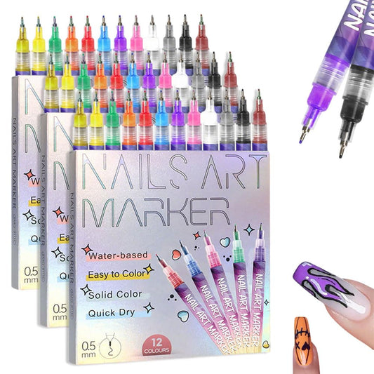 12 Colors Nail Art Pens Set, 2025 New Nail Art Markers Polish Pen for 3D Nail Art, Nail Art Tools for Dotting Drawing Painting Point Liner DIY (3 sets)