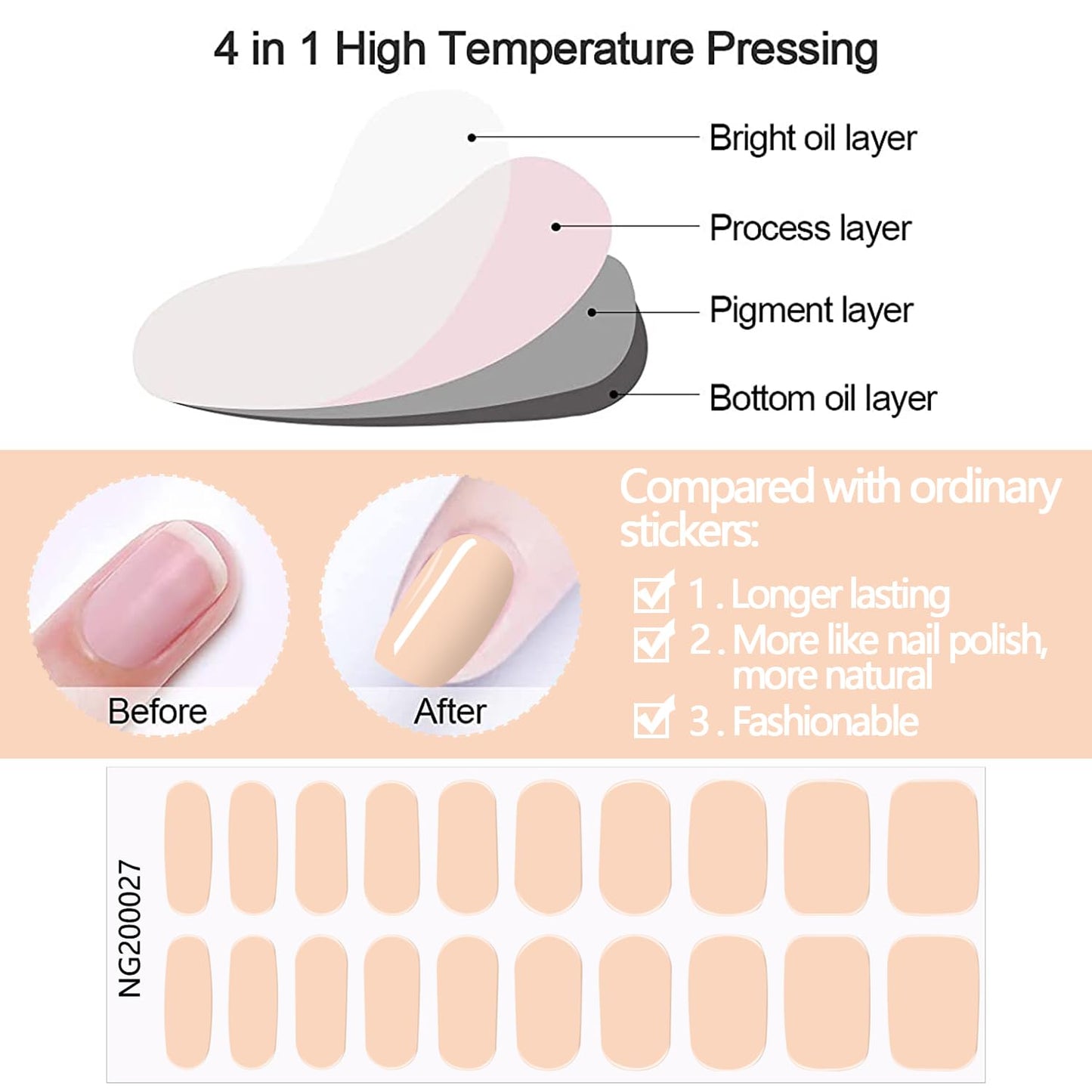 WOKOTO 20 Pcs Bisque Semi Cured Gel Nail Polish Strips With Nail File & Wooden Stick Holographic Gel Nail Strips UV Gel Nail Stickers Full Nail Wraps Stick On Nail Polish Stickers For Women