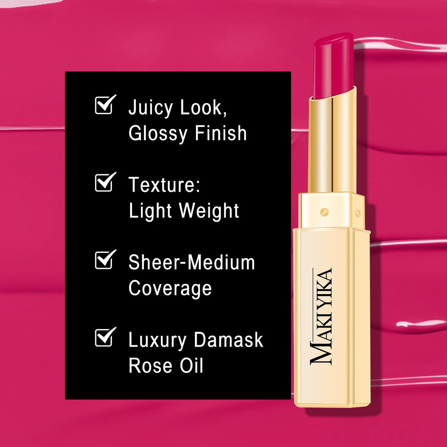 MAKI YIKA Moisture Hot Pink Lipstick for Women Hydrate Lip Balm for Dry Cracked Lips Weightless Glossy Lip Color Juicy Finish,MA056 Girl's Pink