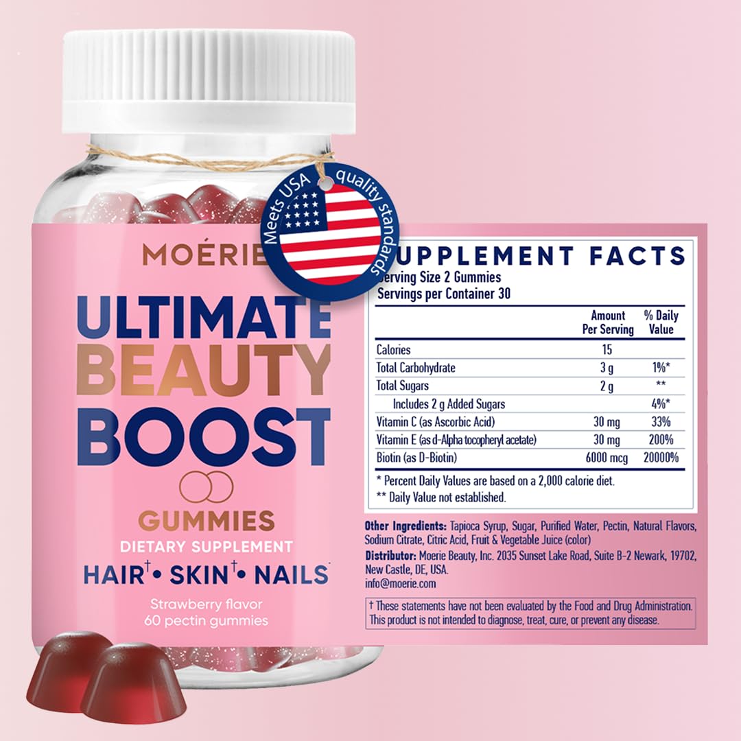 Moerie Hair Skin and Nails Gummies for Women & Men - Biotin for Hair Loss, Gummy Vitamins & Growth Dietary Supplements - Sugarbear for Thicker Hair - Allergen Free - 180 per Serving - Balanced Diet