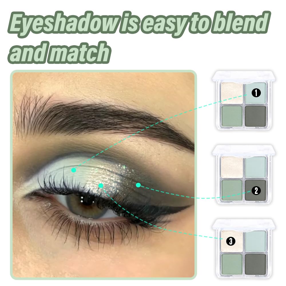Light Green 4Colors Eyeshadow Makeup Palette,Mint Green Natural Neutral Powde Eye Shadow Palettes for Older Women,Long Lasting Naturing-Looking,Lightweight,Waterproof,Eye Makeup Kit Travel Size,Vegan