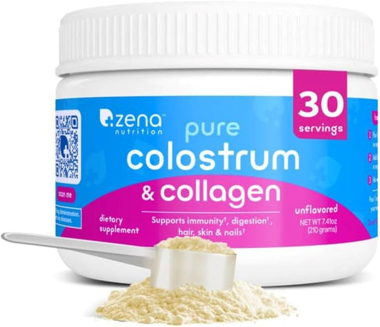 Zena Nutrition Bovine Colostrum & Collagen Powder Supplement for Gut Health, Immune Support, Digestion, Hair, Skin & Nails, Unflavored, Gluten & Sugar Free, 30 Servings