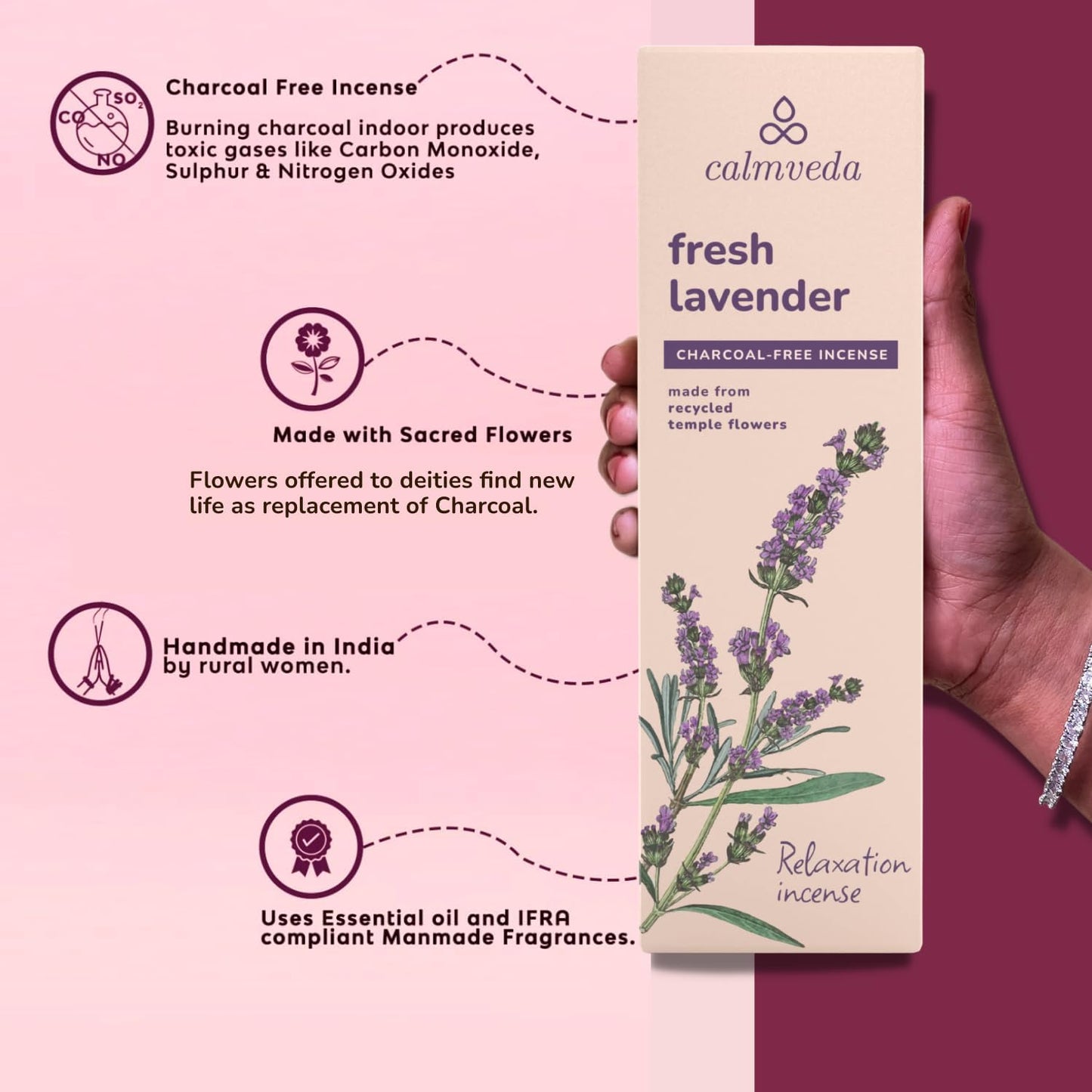 Fresh Lavender Incense for Calming - 80 Charcoal Free Incense Sticks, Made from Upcycled Flowers | Organic Incense Sticks Non Toxic | Use for Relaxation & Improves Sleep