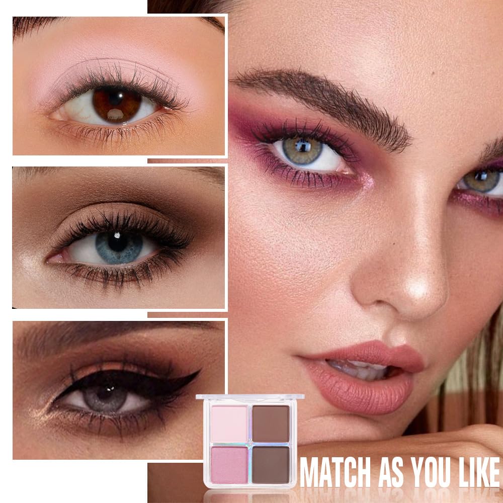 Powder Eyeshadow Quad, Rose Pink Chocolate Brown Shimmer Eye Shadow Palette Makeup, Neutral Vegan Matte Quads Eye Shadow Palette for Older Women Pigmented Waterproof, paleta de sombras de ojos